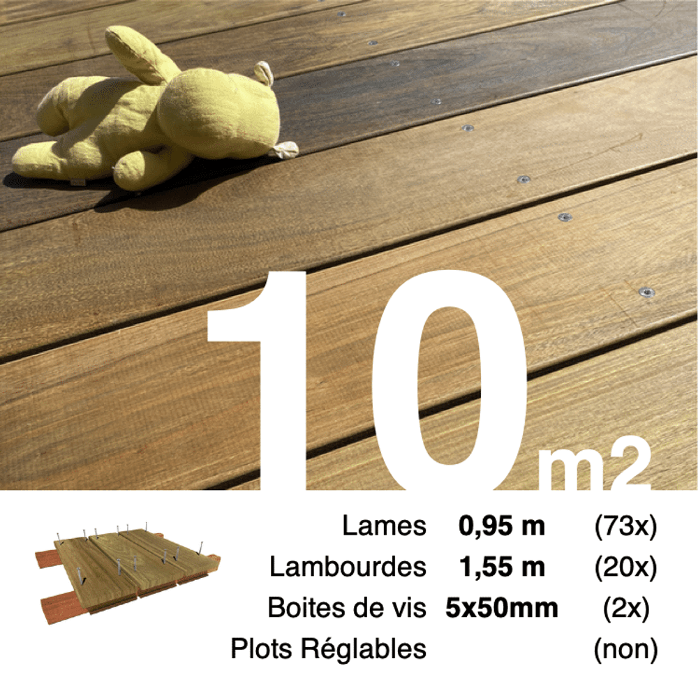 Kit terrasse bois exotique ipe pour 10 m², lames 0,95 m, lambourdes 1,55 m et visserie inox.