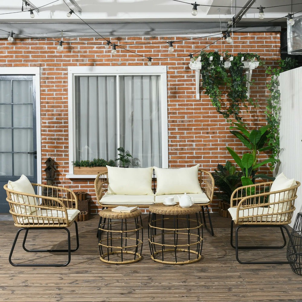 Ensemble salon de jardin meubles d'extérieur 4 places 2 fauteuils 1 canapé 2 places et 2 tables basses coussins inclus