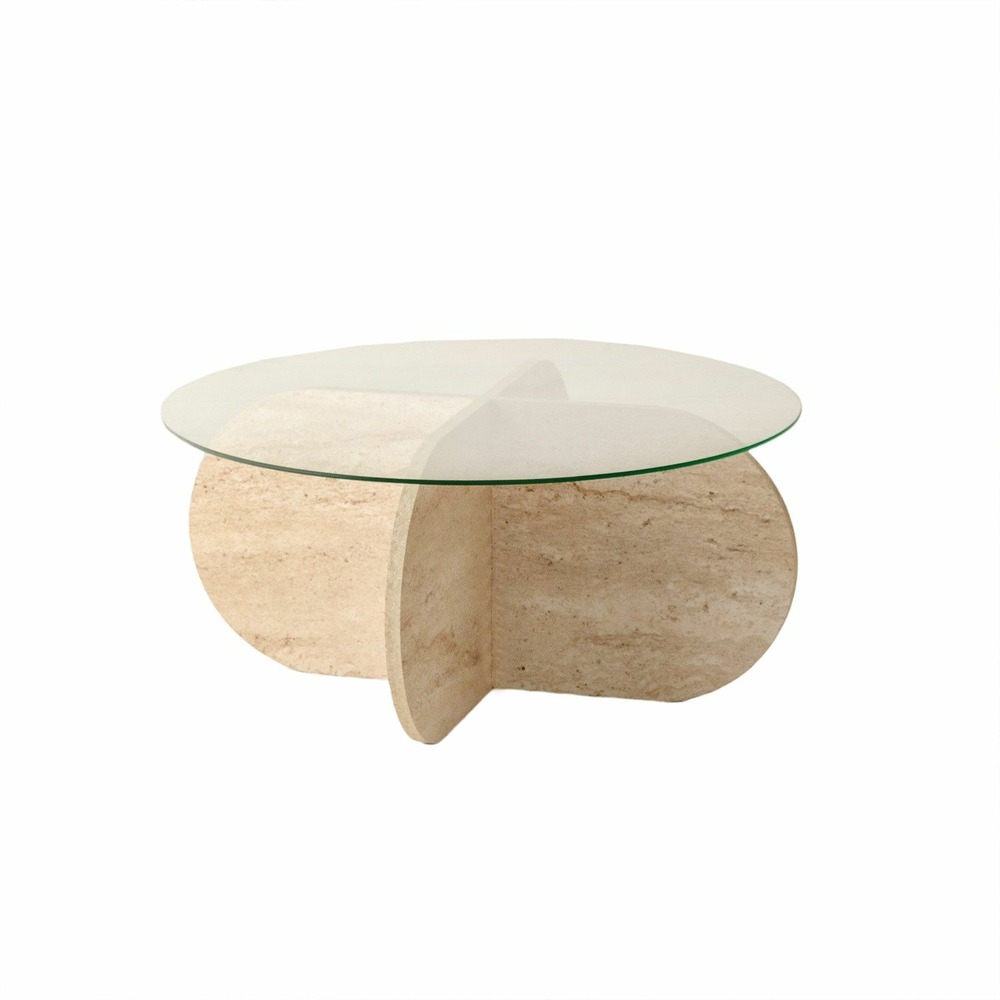 Table basse ronde en verre et effet travertin - beige