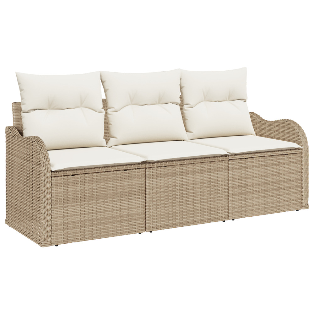 Canapé de jardin 3 pièces avec coussins beige en poly rattan