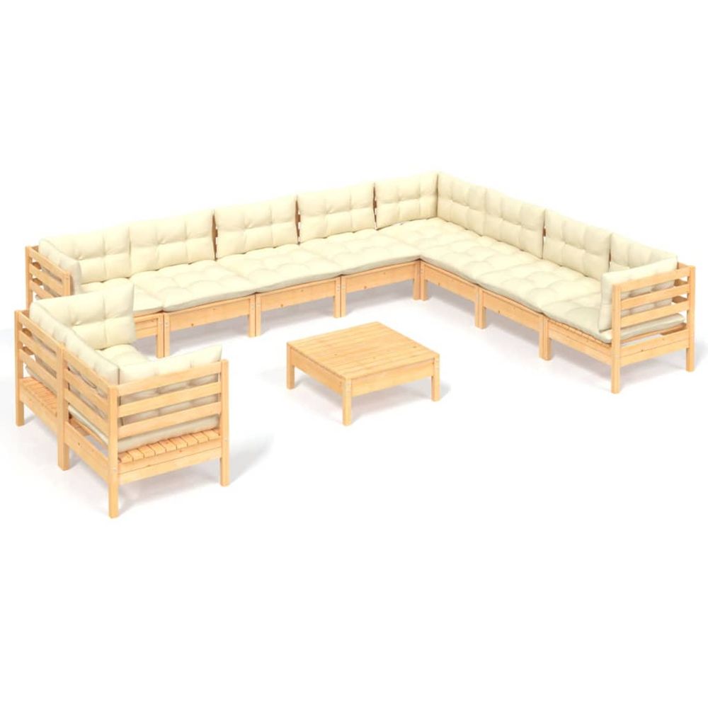 Salon de jardin 11 pcs avec coussins crème bois de pin solide