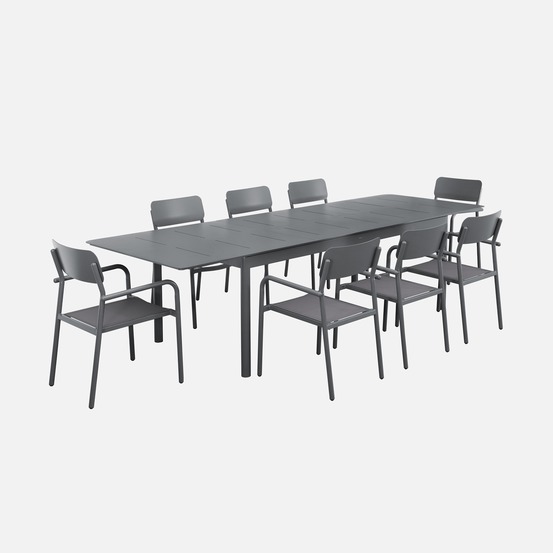 Table de jardin extensible aluminium, 8 fauteuils textilène, 210/300 x 100 x 75,5 cm