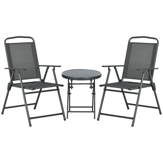 Ensemble bistro 3 pièces métal: table pliante verre +2 chaises, résistant intempéries, balcon gris foncé