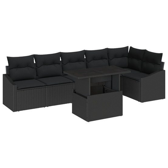Ensemble de canapé de jardin 7 pièces avec coussins noirs en poly rotin
