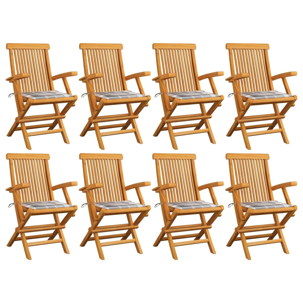 Chaises de jardin et coussins à carreaux gris lot de 8 teck