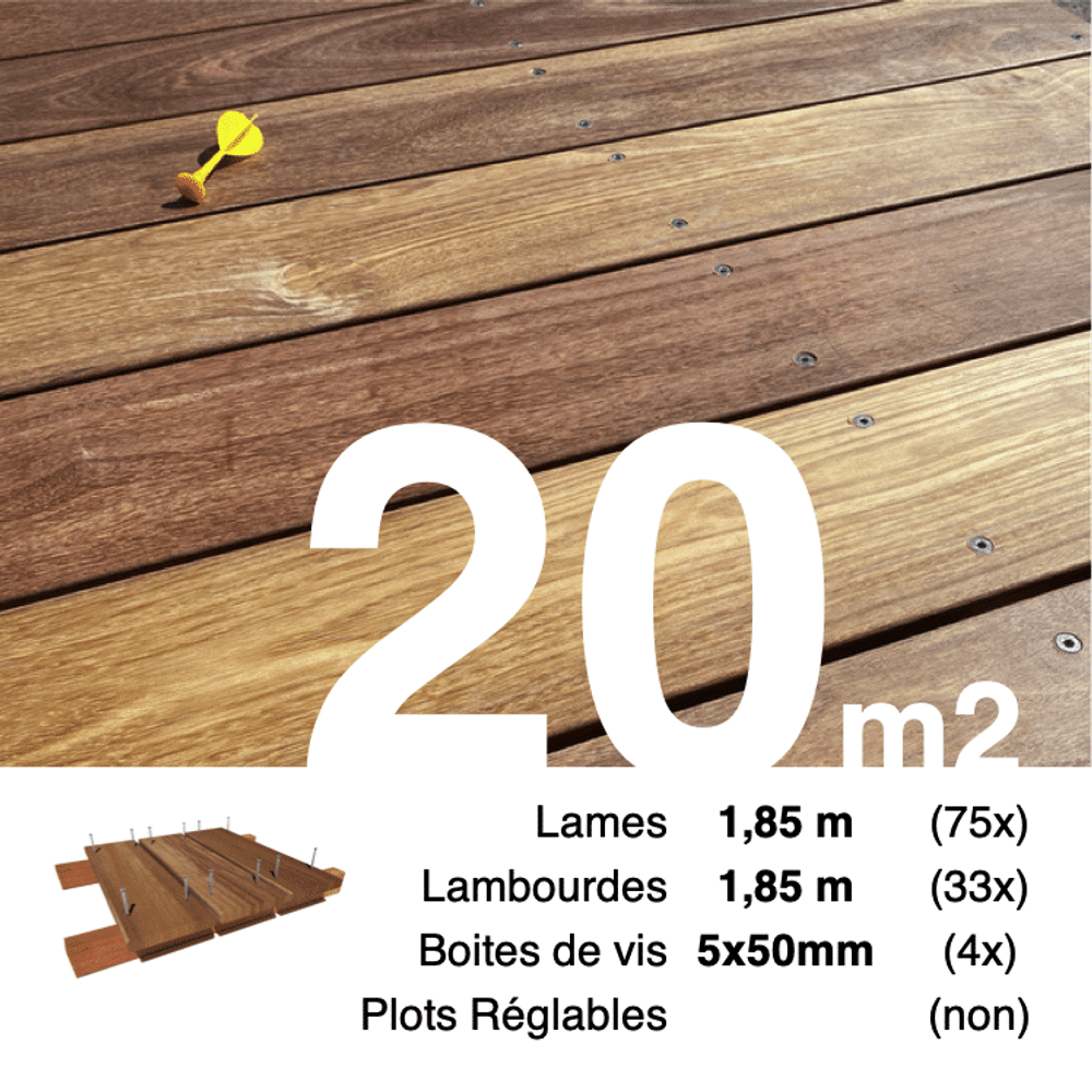 Kit terrasse bois exotique cumaru pour 20 m², lames 1,85 m, lambourdes 1,85 m et visserie inox.