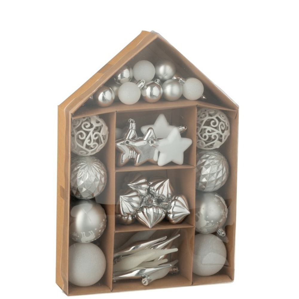 Boite de 50 décorations de sapin de noël en plastique argenté 24x6x34 cm