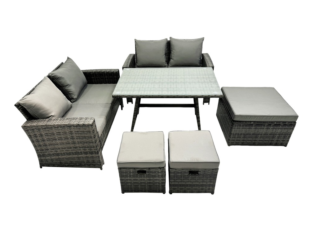 7 places ensemble de canapé en rotin extérieur avec table à manger rectangulaire canapé à deux places 3 tabourets gris foncé mixte