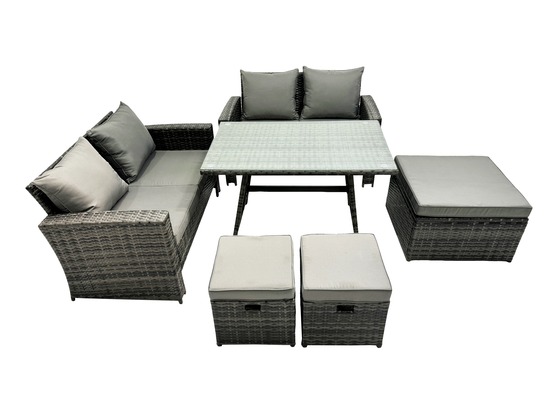 7 places ensemble de canapé en rotin extérieur avec table à manger rectangulaire canapé à deux places 3 tabourets gris foncé mixte