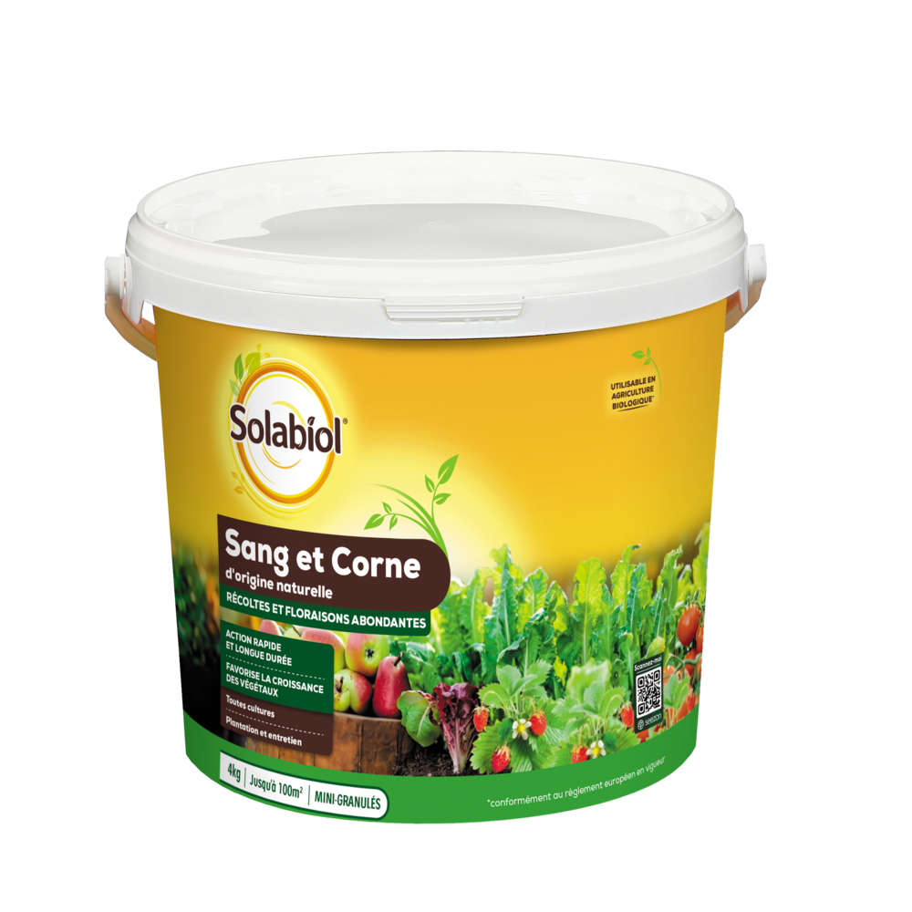 Solabiol engrais sang et corne - 4kg - jusqu'à 100m² - effet rapide (sang) & longue durée (corne) - facile a épandre