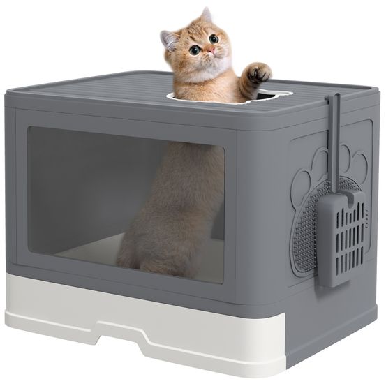 Maison de toilette couverte pour chat avec tiroir double accès anti-projection 48,5 cm gris