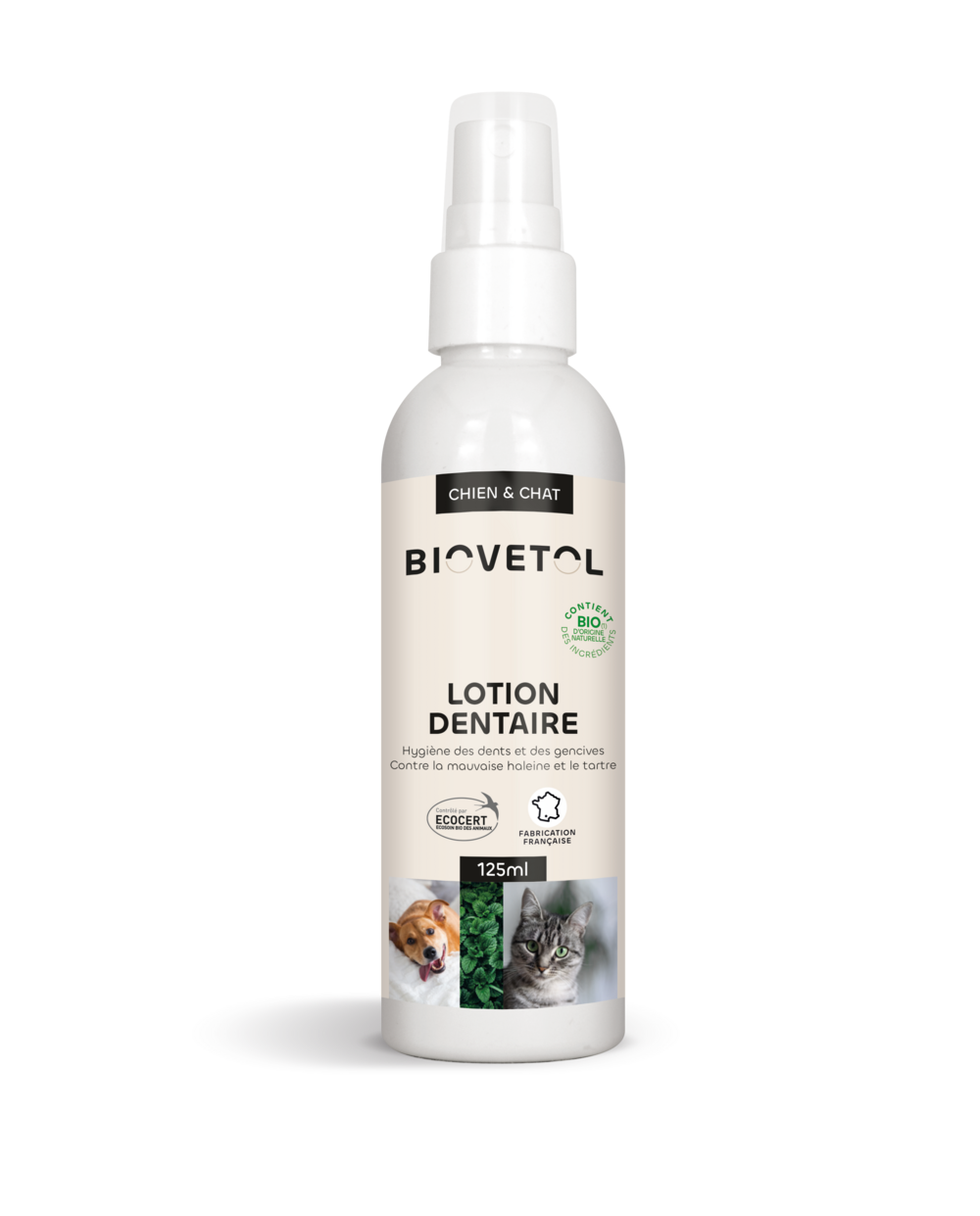 Lotion dentaire-chien chat bio certifié ecocert-mauvaise haleine et tartre-125ml