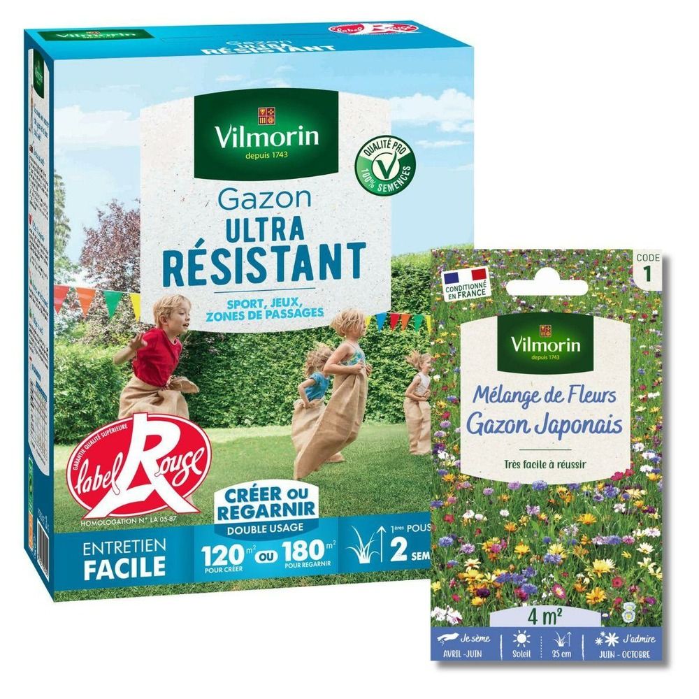 Gazon ultra résistant - label rouge - 3 kg + gazon japonais - 4 m² - mélange de fleurs
