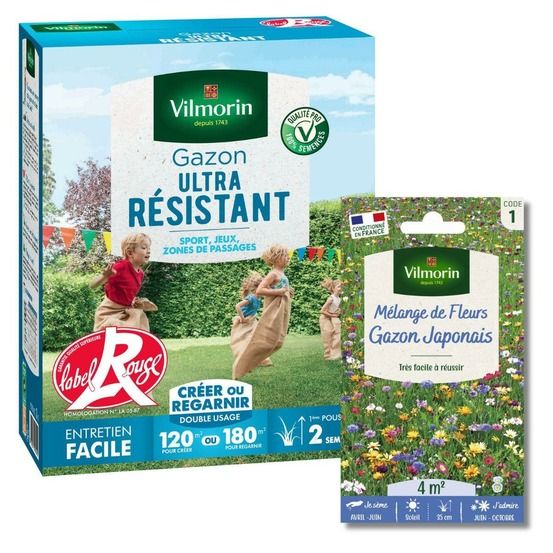 Gazon ultra résistant - label rouge - 3 kg + gazon japonais - 4 m² - mélange de fleurs