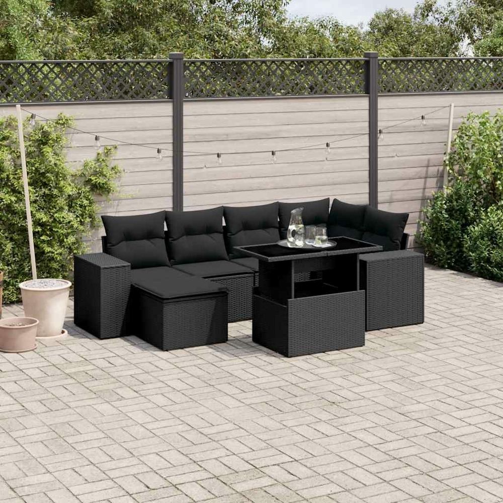 Salon de jardin 7 pcs avec coussins noir résine tressée