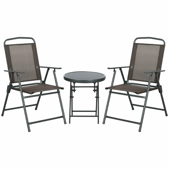 Ensemble bistro 3 pièces métal : résistant, table verre pliante + chaises, marron