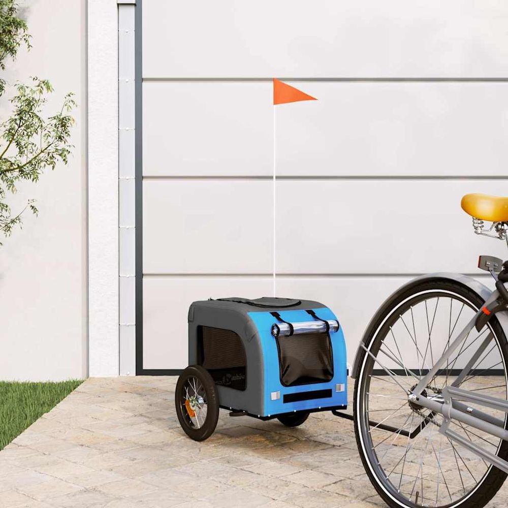 Remorque vélo pour chien en fer et tissu oxford pour transport sécurisé bleu et gris