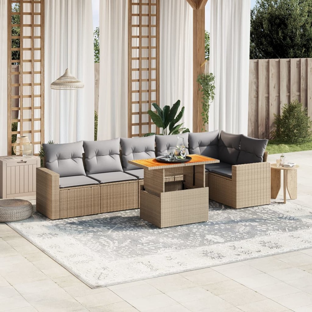 Salon de jardin avec coussins 7 pcs beige résine tressée