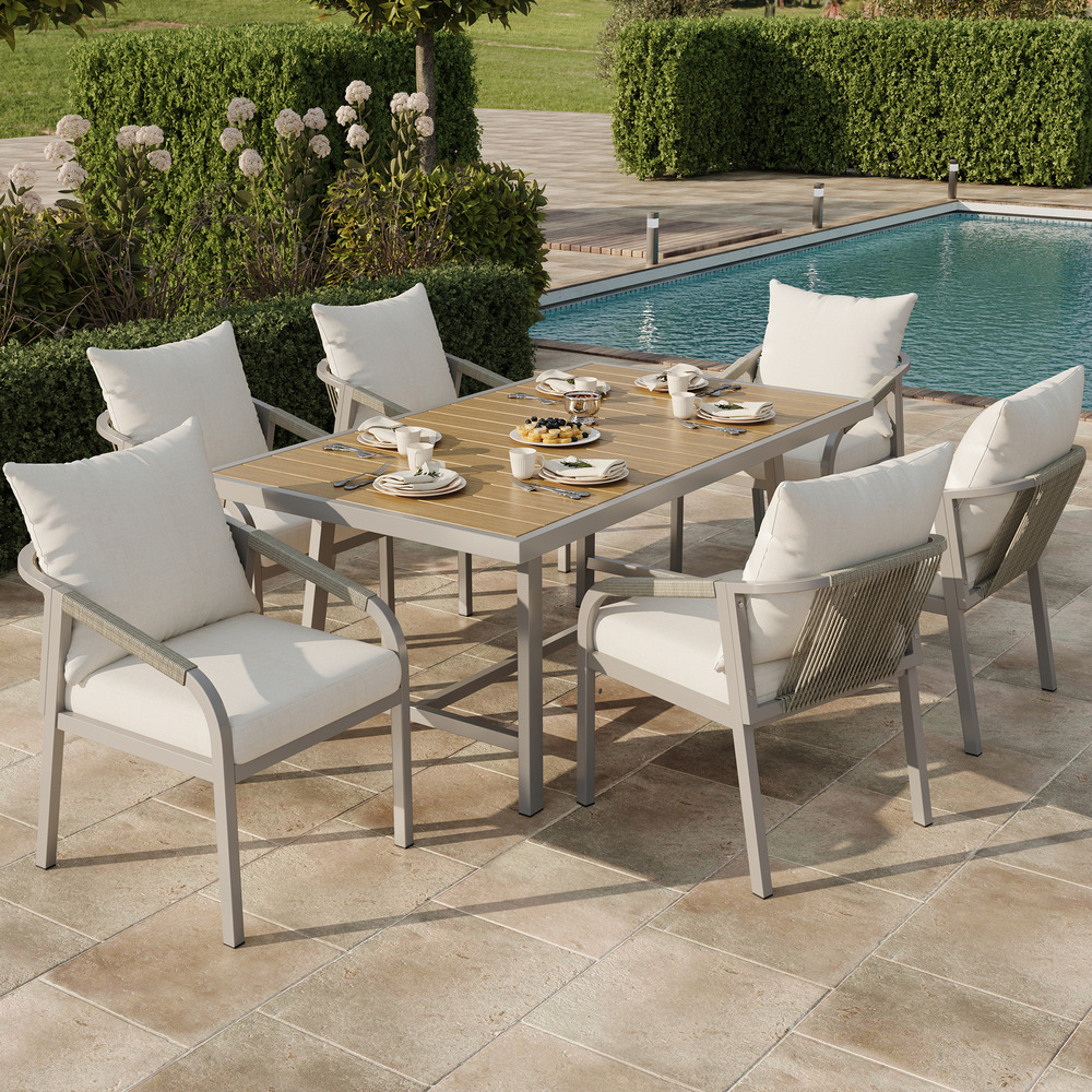 Salle à manger jardin 6 pers: 1 table +6 chaises, acier galvanisé, bois-plastique, motif corde kaki/beige