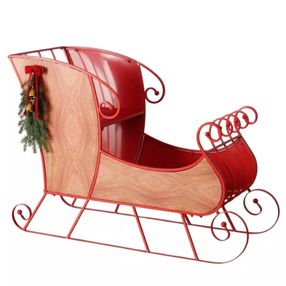 Luge décorative de noël en métal rouge et bois h 104 cm - boltze, grande traîneau festif