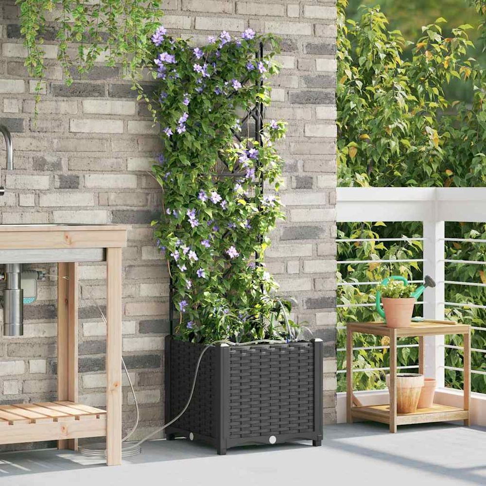 Bac à fleurs haut en acier avec irrigation pour balcon noir 40x40x142 cm