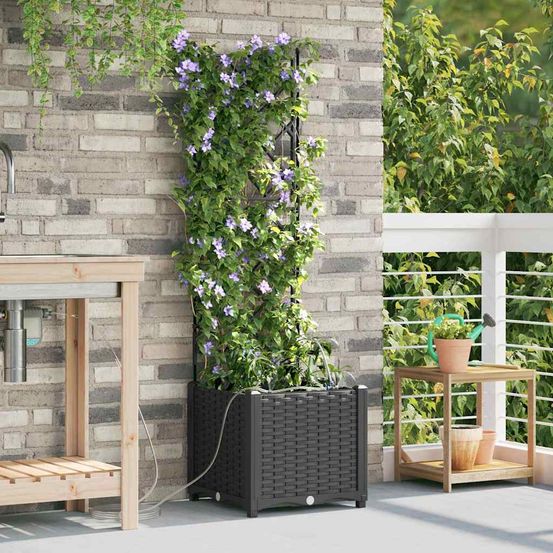 Bac à fleurs haut en acier avec irrigation pour balcon noir 40x40x142 cm