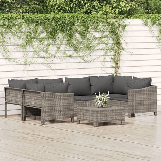Salon de jardin 7 pcs avec coussins gris résine tressée
