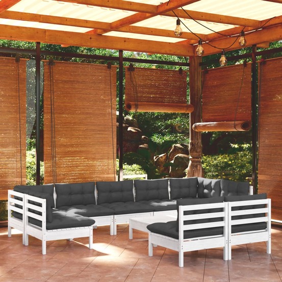 Salon de jardin 10 pcs avec coussins blanc bois de pin massif