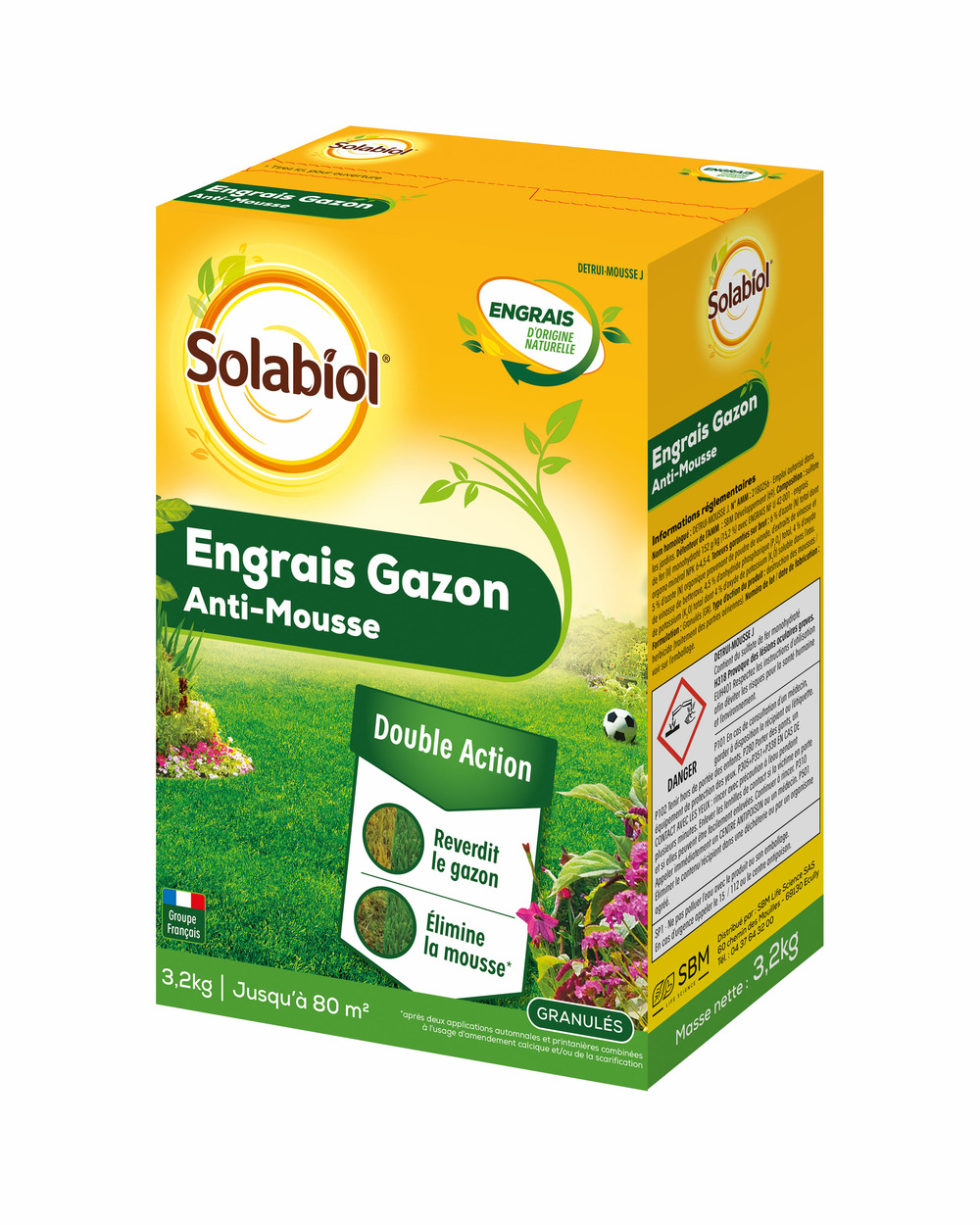 Solabiol engrais gazon - sac 3,2 kg - jusqu'à 80m² - double action reverdit le gazon & élimine la mousse - granulés sogazmou80n