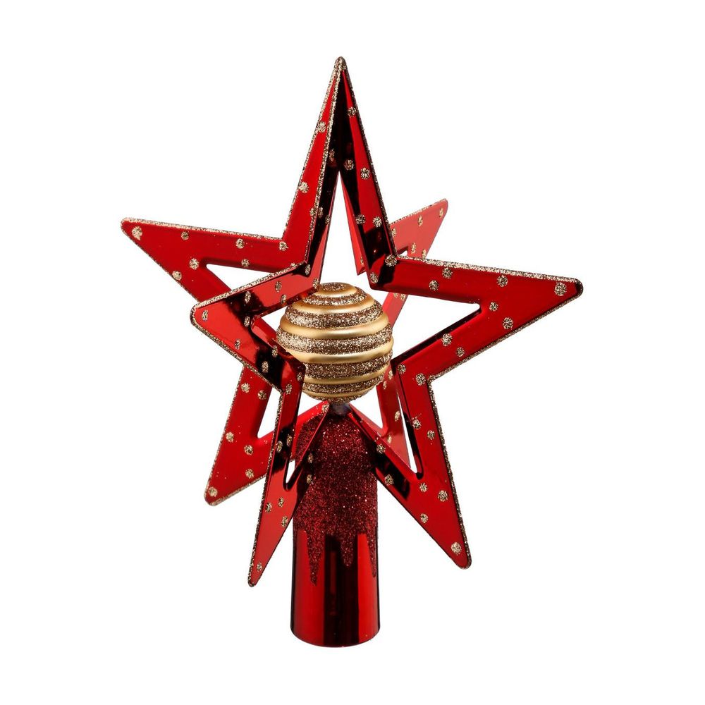 Déco sapin de noël cimier en 3d étoile et boule rouge doré pailleté