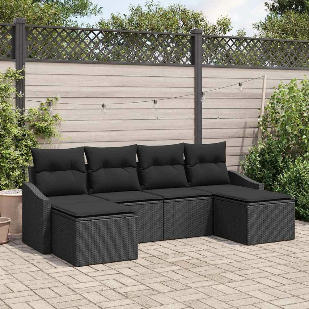 Ensemble de canapés avec coussin 6 pcs noir polyrotin