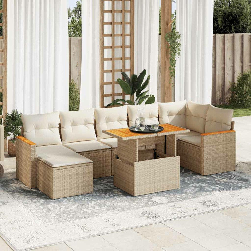 Salon de jardin avec coussins 8 pcs beige résine tressée acacia