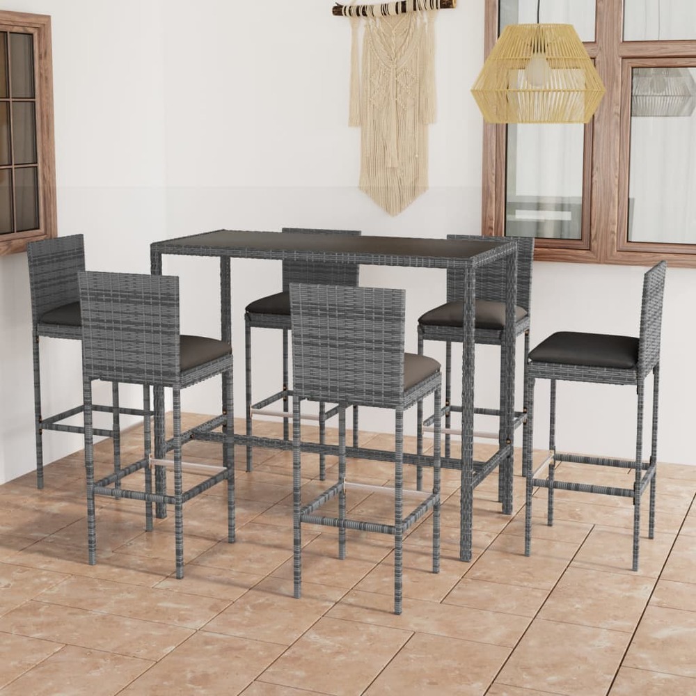 Ensemble de bar de jardin 7 pcs et coussins résine tressée gris