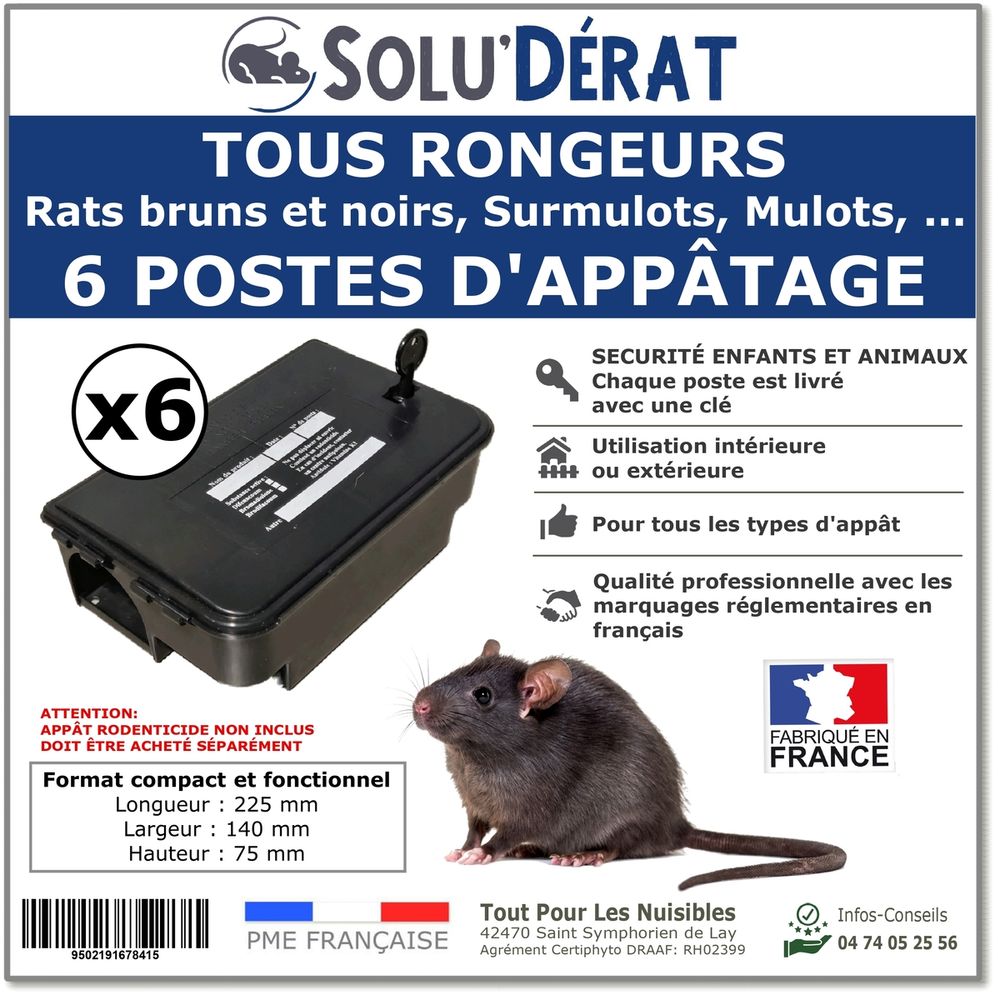 SOLU'DERAT - Postes d'appâtage sécurisés et professionnels pour rats et autres rongeurs- lot de 6 postes/stations