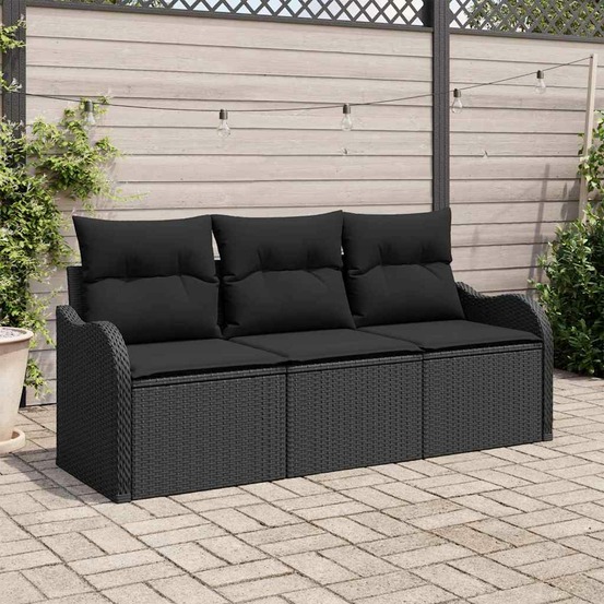Ensemble de canapé de jardin avec coussin 3 pcs noir polyrotin