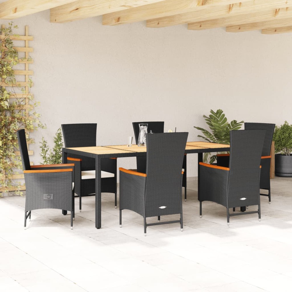 Ensemble à manger de jardin coussins 7pcs noir résine tressée