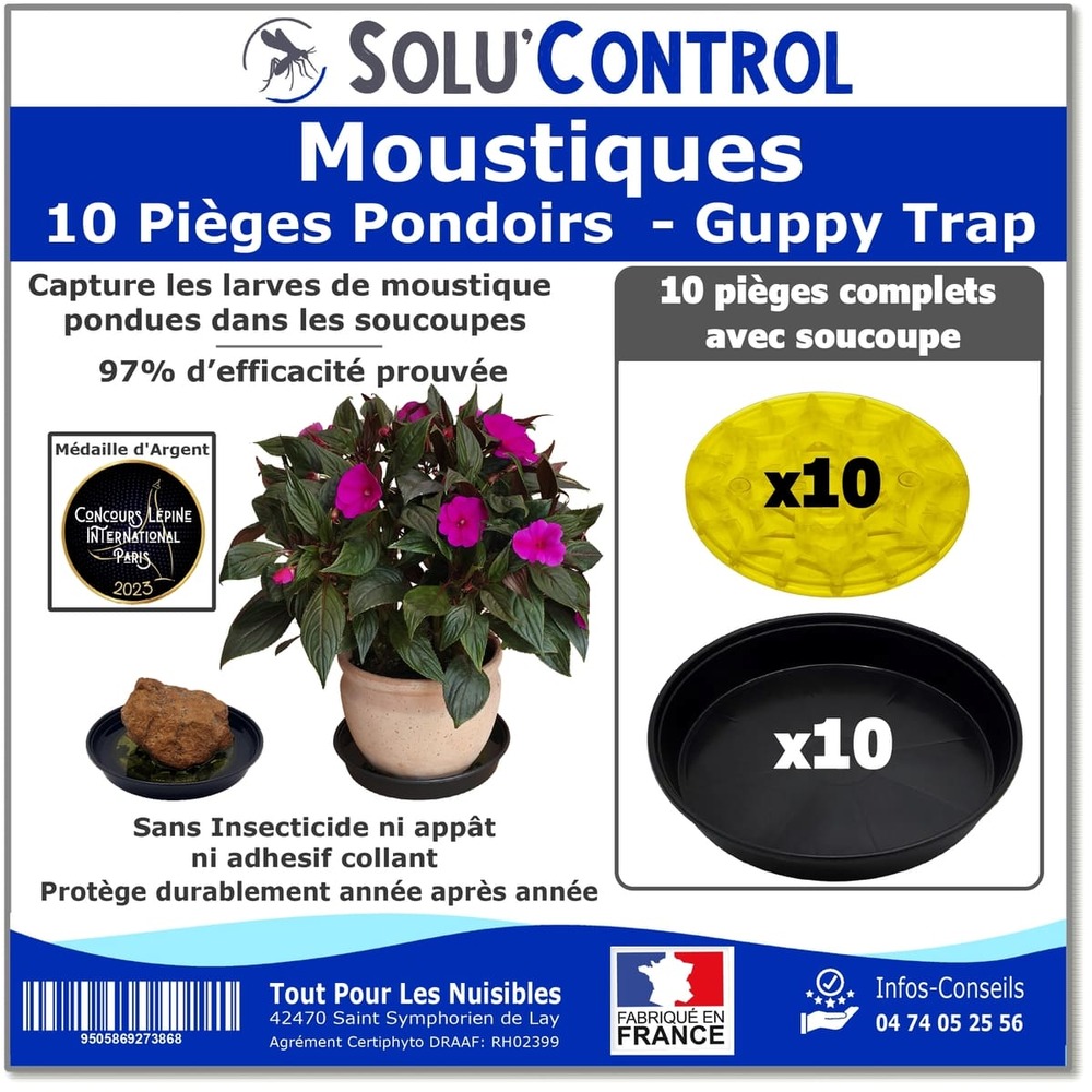 10 guppy trap + 10 coupelles, piège pondoir à moustiques, sans produit, sans adhésif, médaille d'argent concours lépine 2023