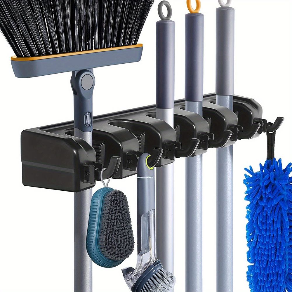 Support Mural Pour Balais Et Outils QWORK – 2 Pièces, 5 Emplacements + 6 Crochets Noirs