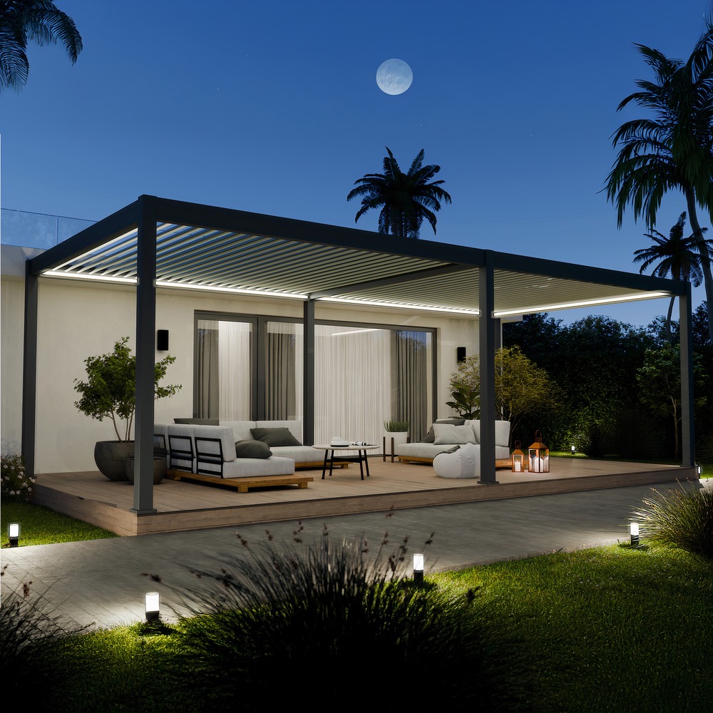 Pergola bioclimatique aluminium autoportée 32m² - 4x8m - kit led inclus - anthracite - 50 lames en aluminium a 120 degrés