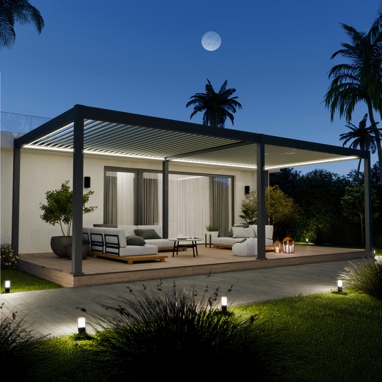 Pergola bioclimatique aluminium autoportée 32m² - 4x8m - kit led inclus - anthracite - 50 lames en aluminium a 120 degrés
