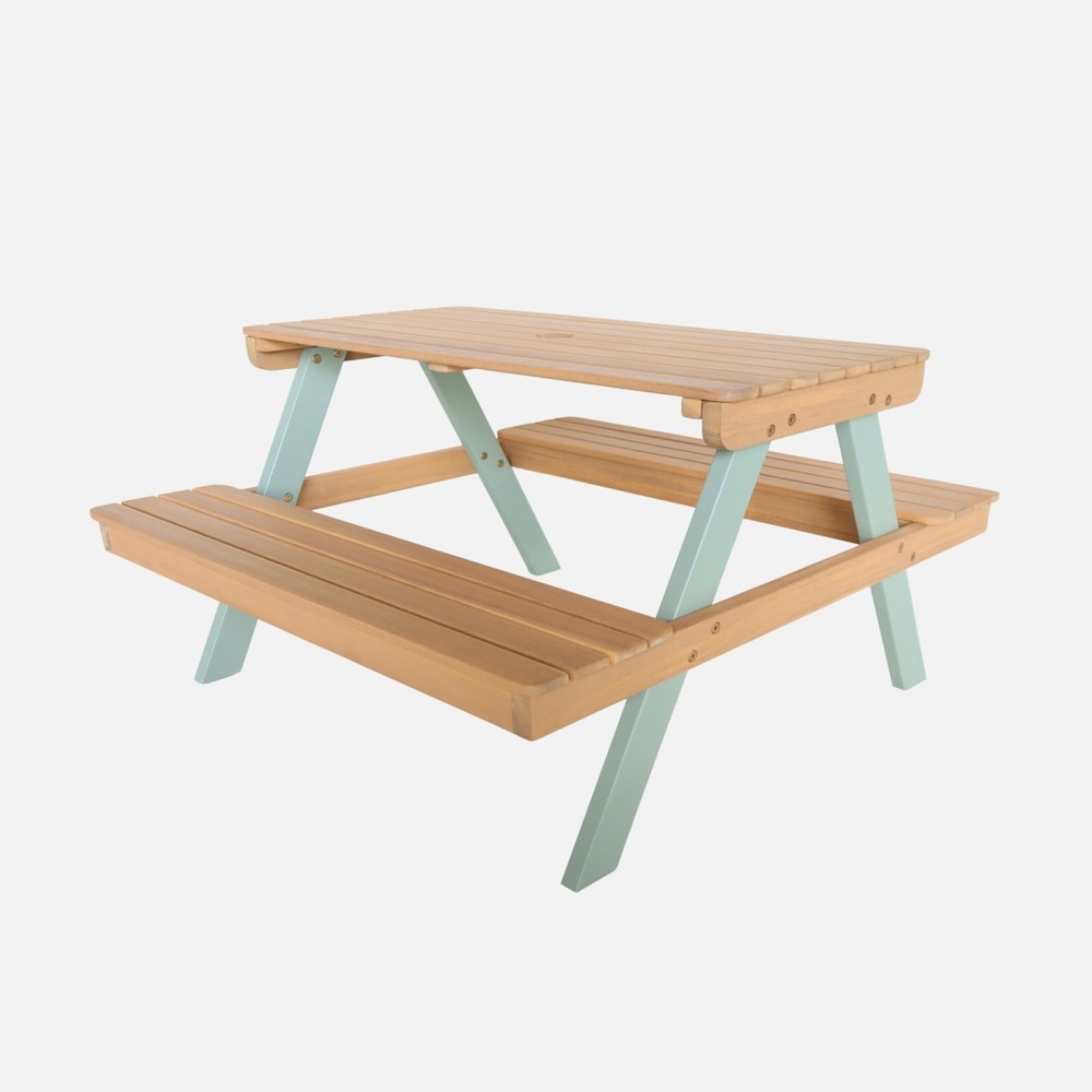 Table de pique-nique en bois d'acacia pour enfant, salon de jardin 4 places vert de gris et teck - caroline
