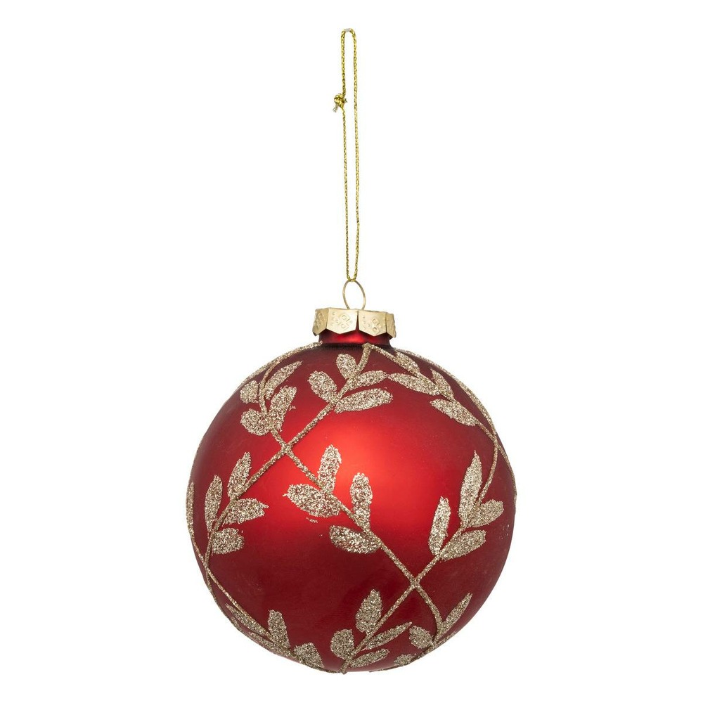 Boule de noël rouge avec feuilles dorées en verre 80mm