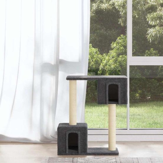 Arbre à chat design compact 60 cm avec niches et sisal gris foncé
