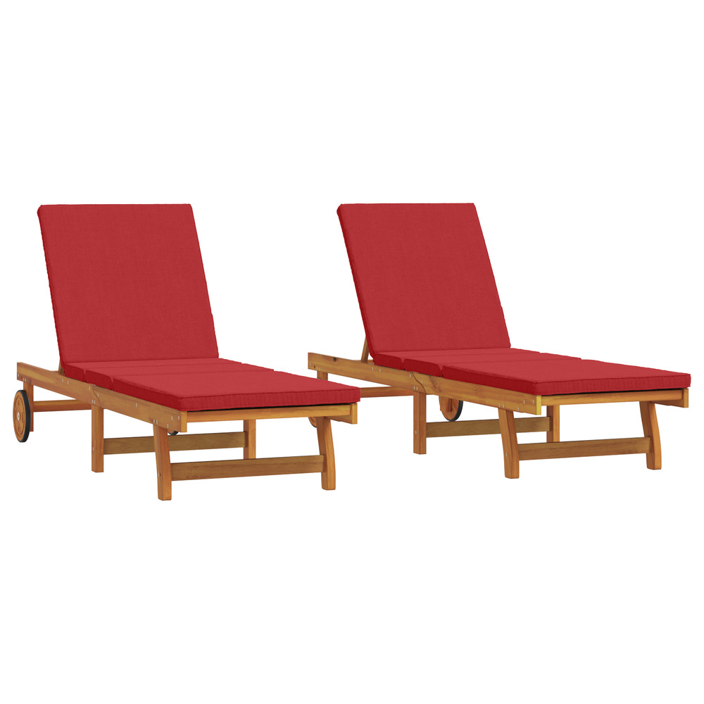 Chaises longues 2 pcs avec roues et coussin en bois d'acacia