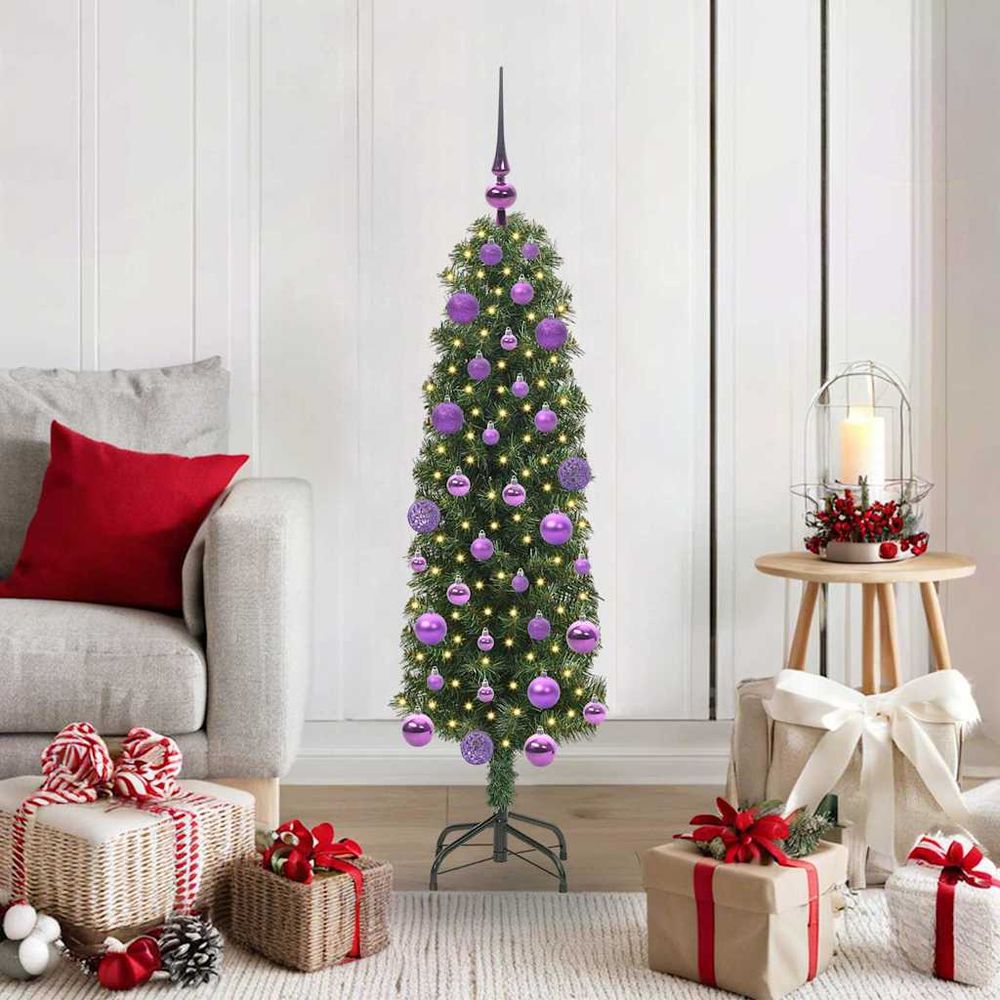 Sapin de noël pré-décoré 120 cm vert, lumineux avec guirlande led 8 modes et boules