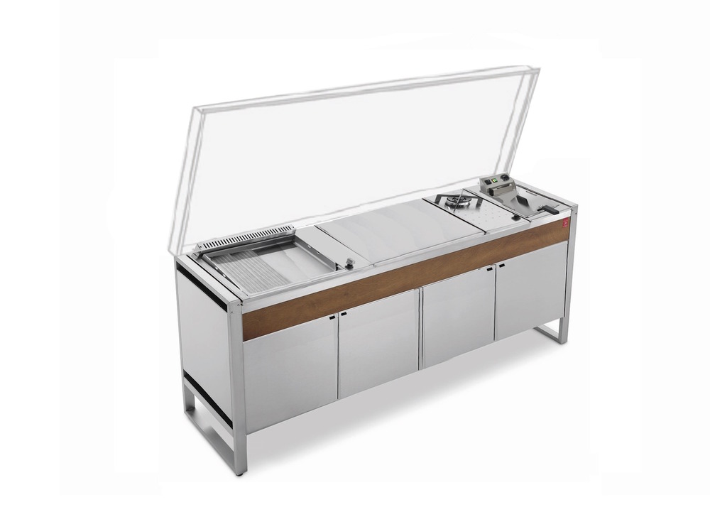 Table quattroporte oasi 205c + plancha oasi 55 lisse/rainurée + feu gaz + friteuse