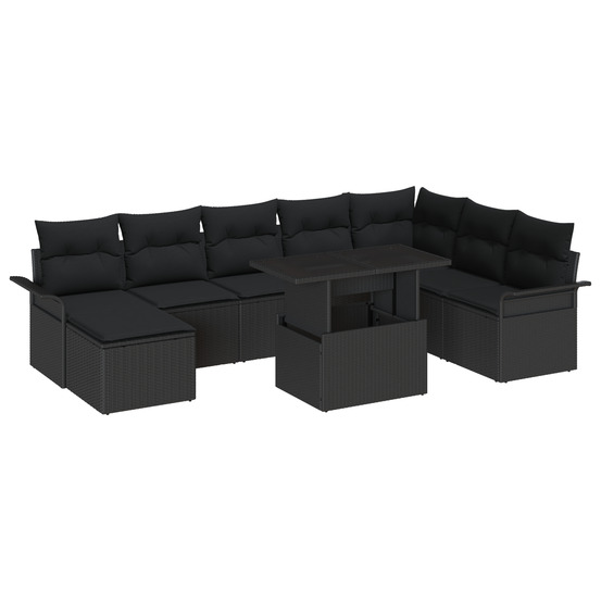 Ensemble de canapé jardin 9 pièces avec coussins en rattan noir poly
