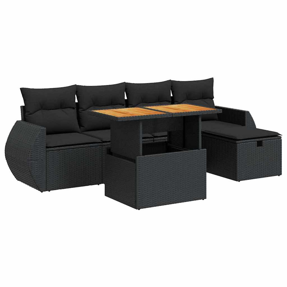 Salon de jardin 6 pcs avec coussins noir résine tressée acacia