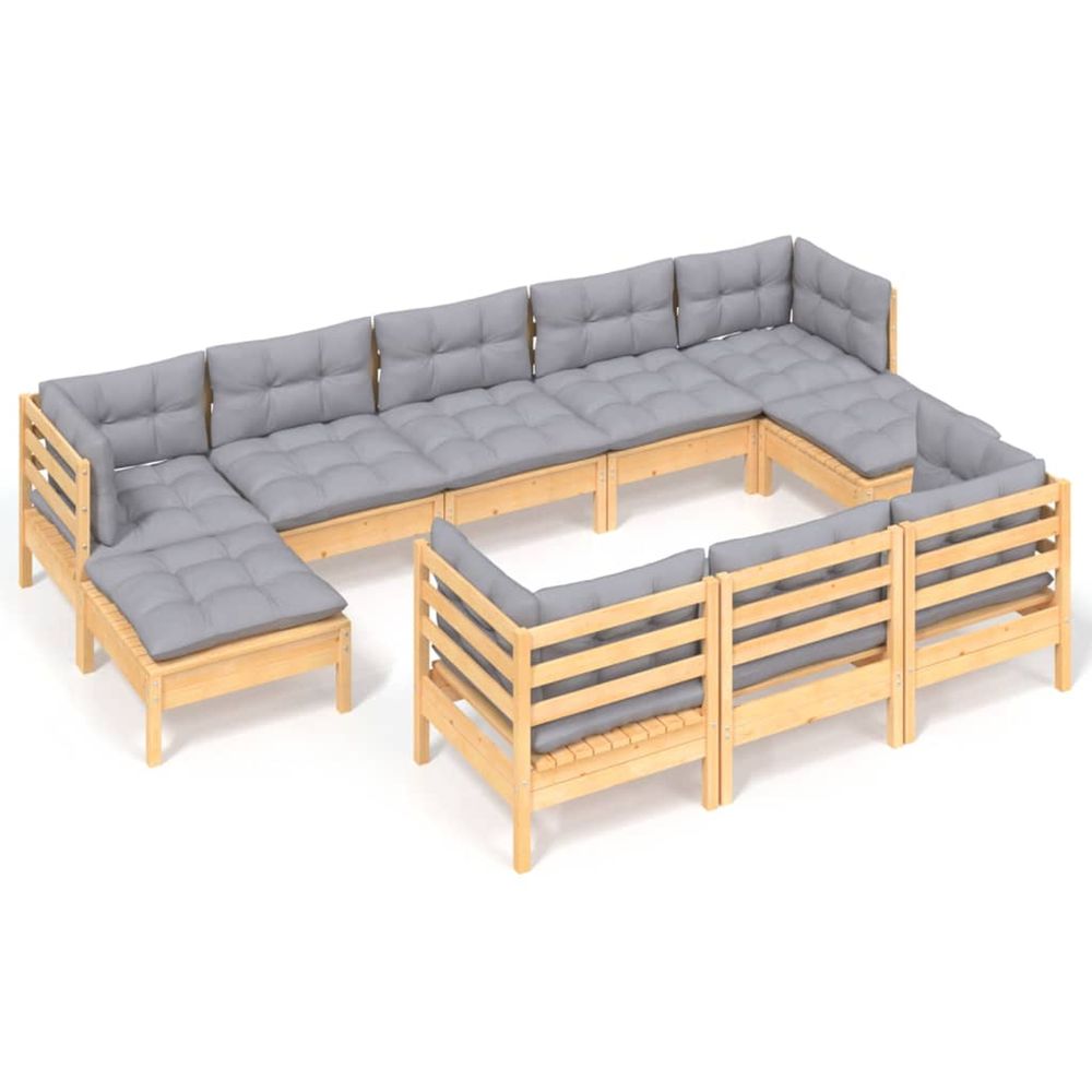 Salon de jardin 10 pcs avec coussins gris bois de pin massif