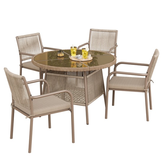 Ensemble de salon de jardin en polyrotin, table ronde en verre + 4 fauteuils, structure en acier, pour terrasse ou balcon.